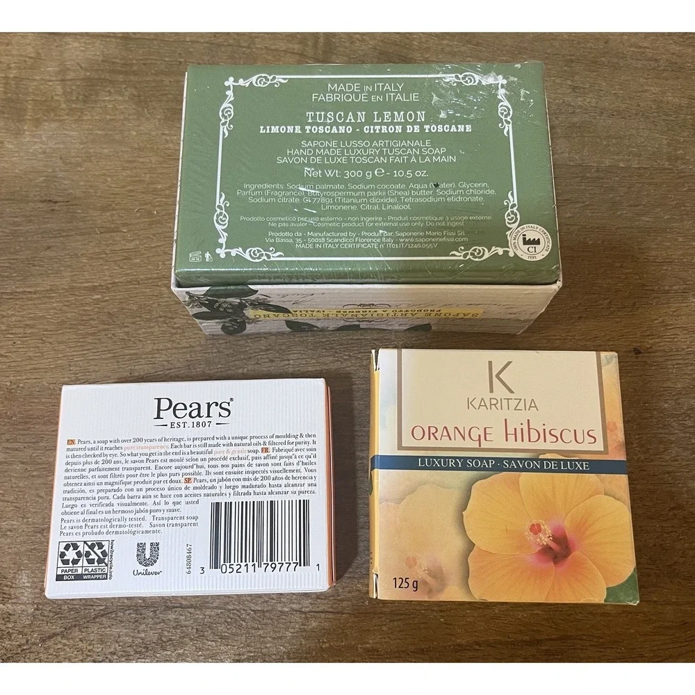 Lot‎ of 3 Bath Soaps Pears Transparent Karitzia Orange Hibiscus Tuscan Lemon